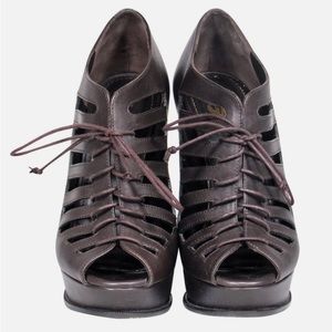 YSL Hortenese Brown Leather Wedges - Size 8.5